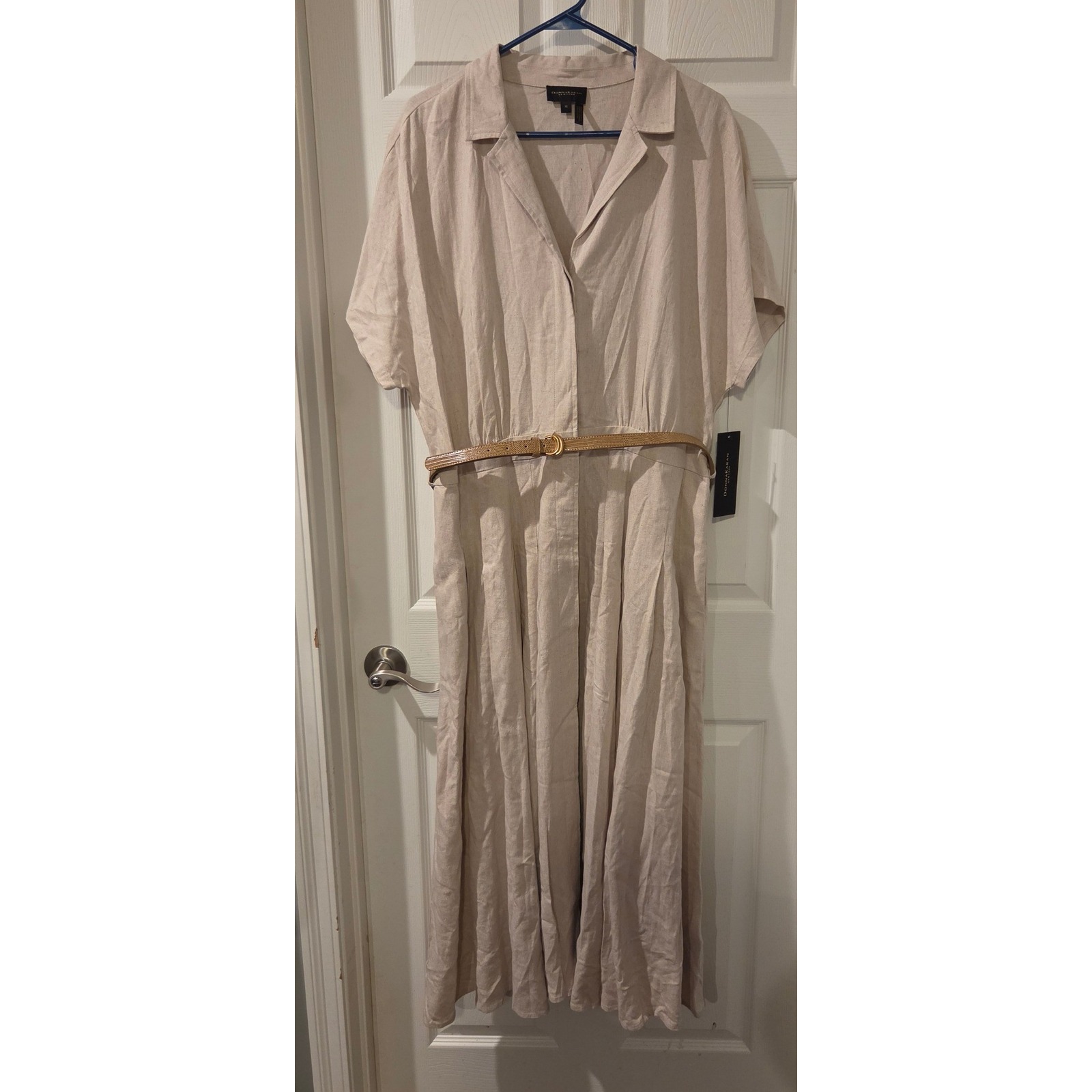 Donna Karan New York Linen Blend Maxi Shirt Dress Natural Belted Women's 16 Nwt